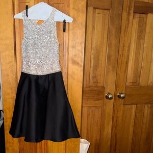 Mori Lee Silver Sequin Bodice Black Midi Dress